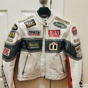 Woman’s NeoDaytona ICON White and Gray Racing Jacket with Patches.
